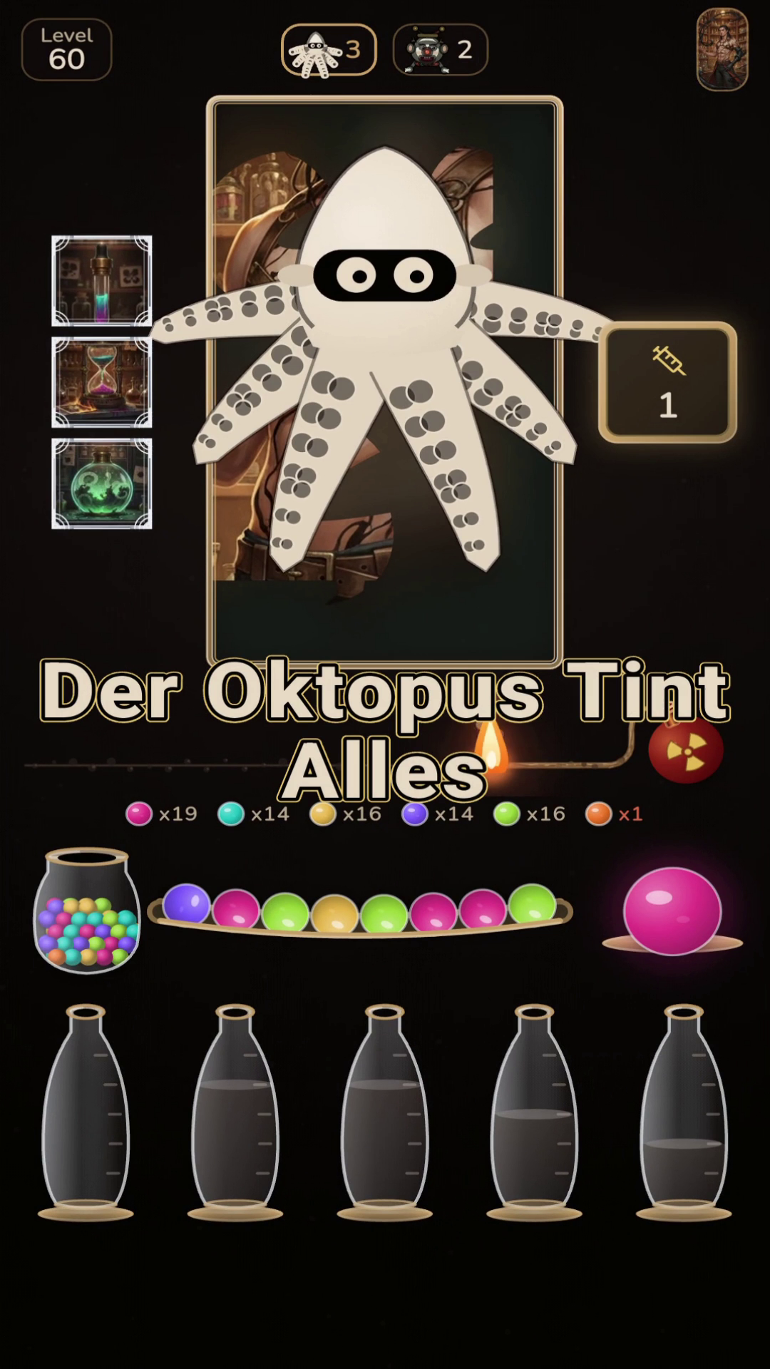Der Oktopus versteckt die Fläschchenfarben