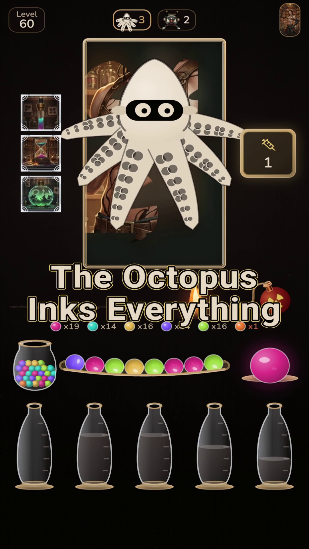 The Octopus hides vial colors mid-puzzle