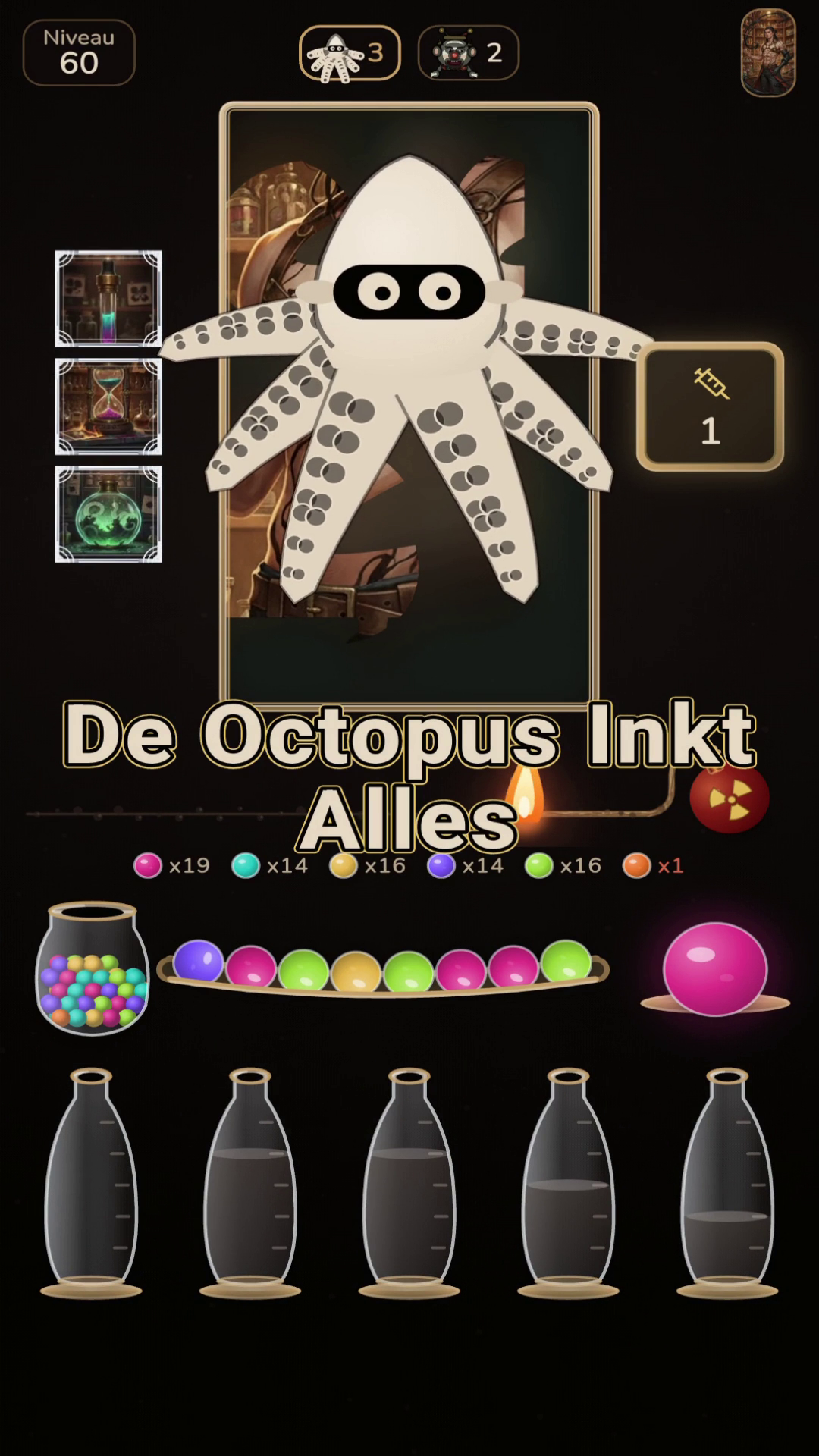 De octopus verbergt de kleuren van de flesjes